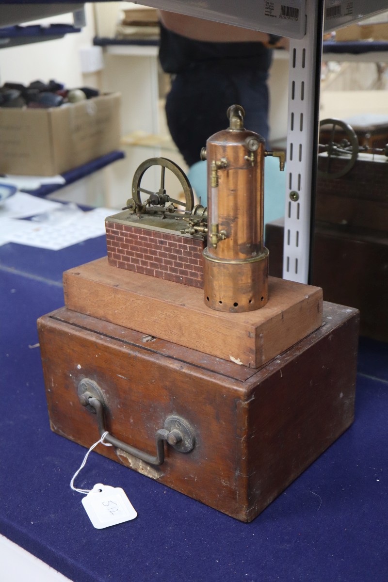 A fine Victorian scratch built model of a static steam engine, box 24cm wide